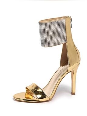 Women’s Gold Rhinestone Ankle Cuff Heels Stiletto Sandals Zip Back Size 8